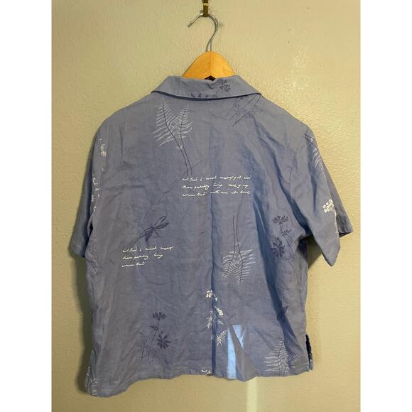 Portraits by Northern Isles Top Womens 12 Blue Linen Floral Dragonfly Print Y2K - Picture 2 of 8